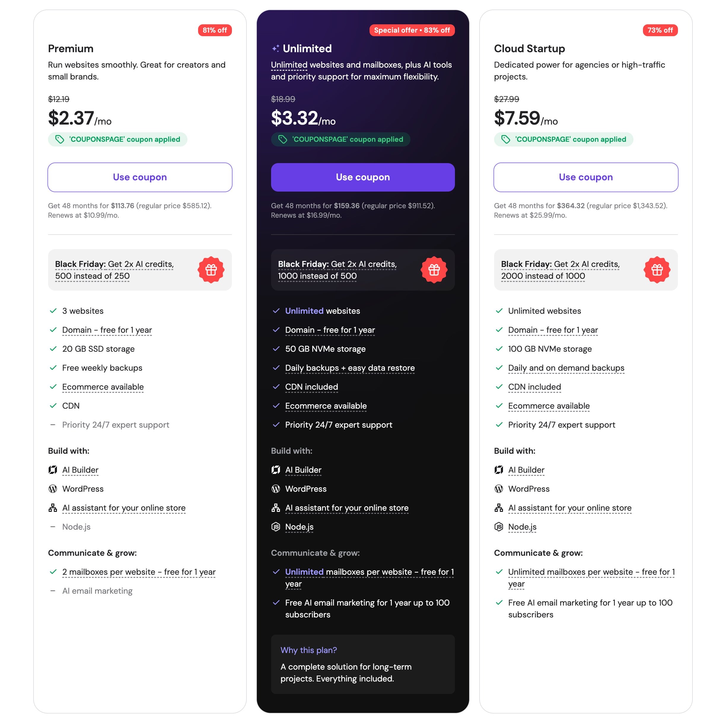 Hostinger coupons page with the COUPONSPAGE code applied, showing Premium at $2.37, Unlimited at $3.32 and Ecommerce Startup at $7.59 per month