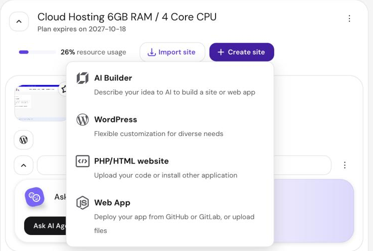 Hostinger hPanel Websites screen with the Create site menu open and WordPress option