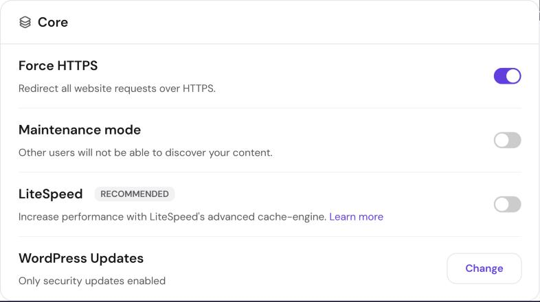 Hostinger hPanel WordPress Core settings with Force HTTPS, maintenance mode, LiteSpeed and updates