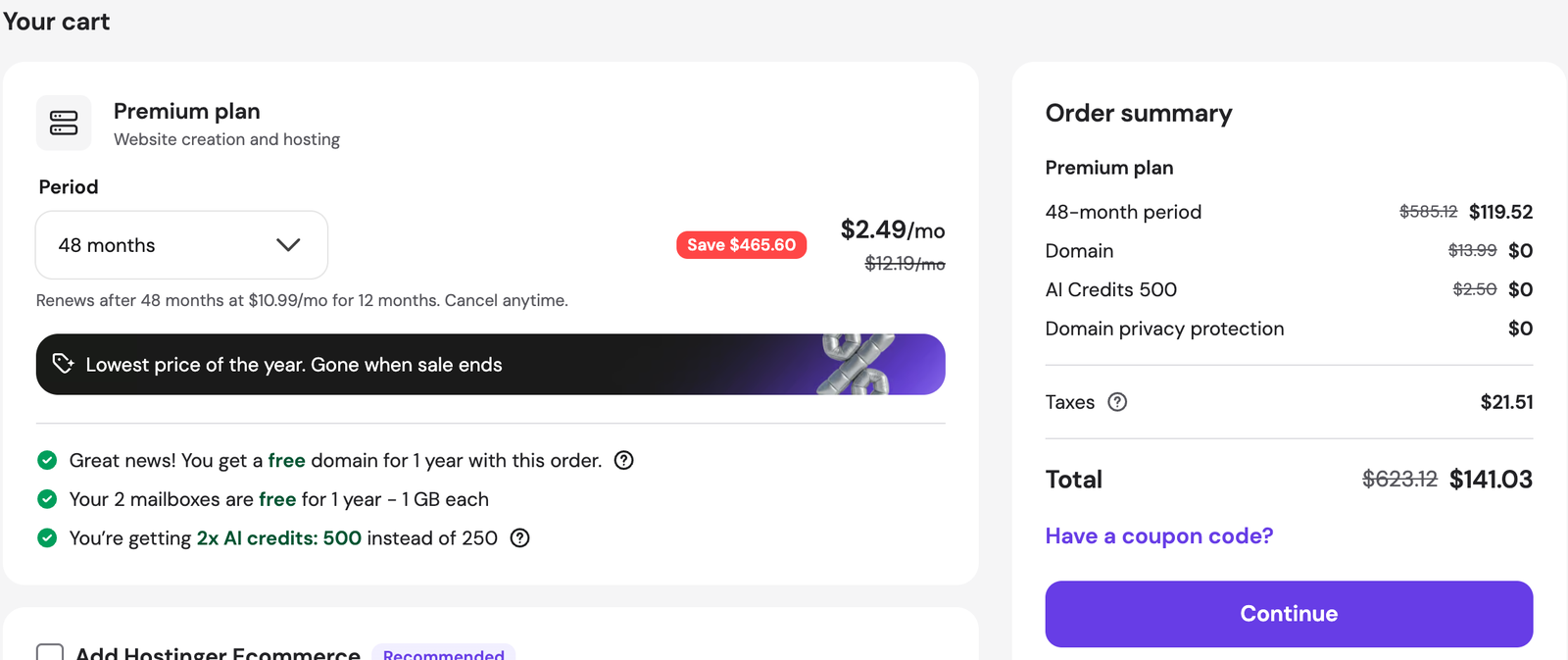Hostinger cart with the Premium plan on a 48 month term at $2.49 a month