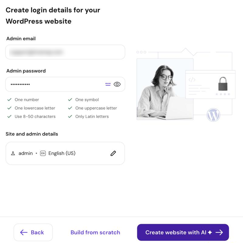 Hostinger WordPress installer step for admin email, password and username