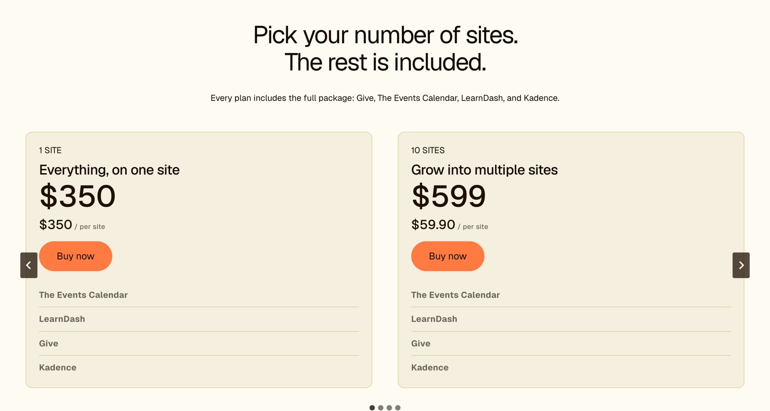 Kadence pricing as part of the plugin stack bundle, $350 for one site