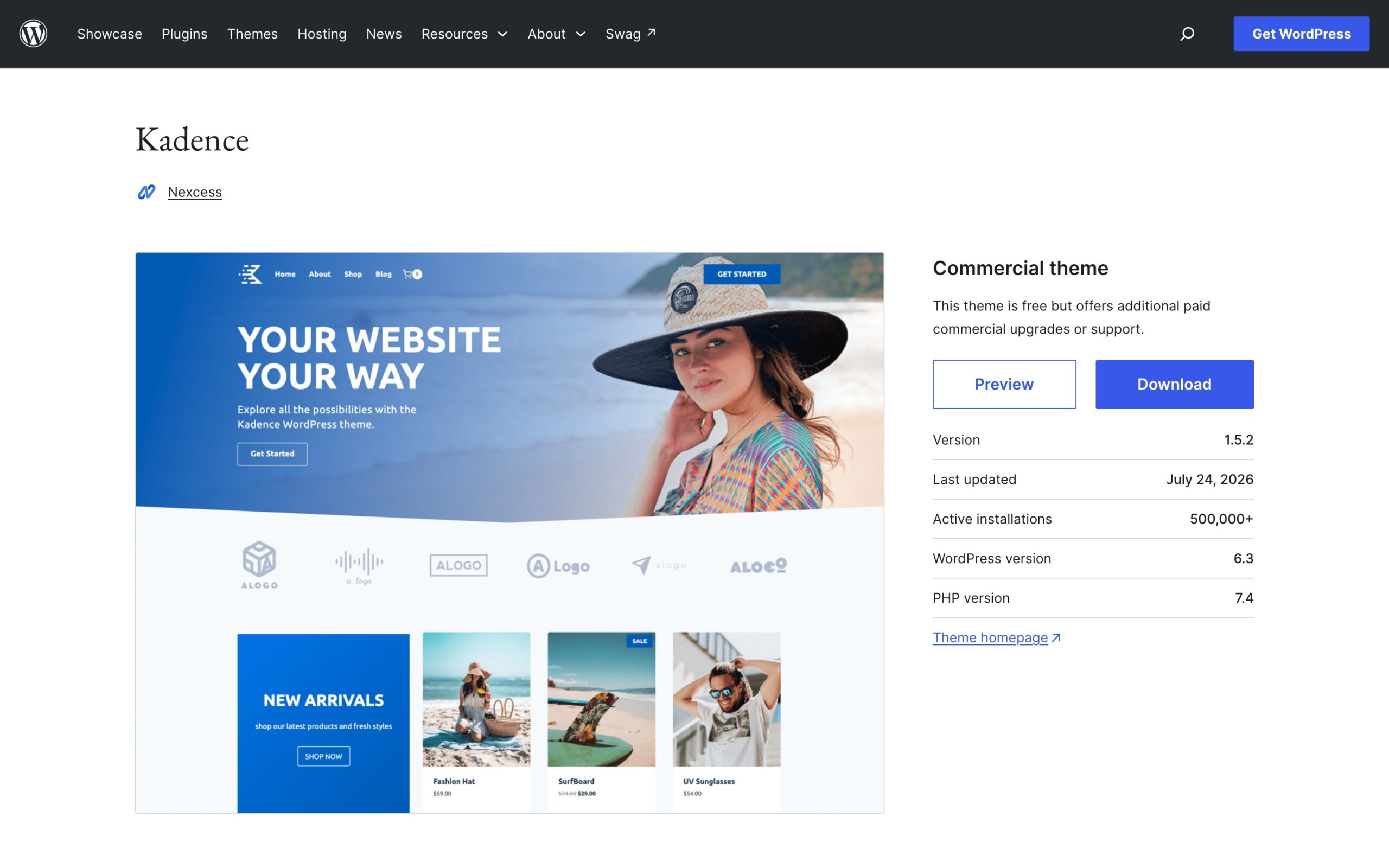 Kadence theme listing on WordPress.org with 500,000+ active installations