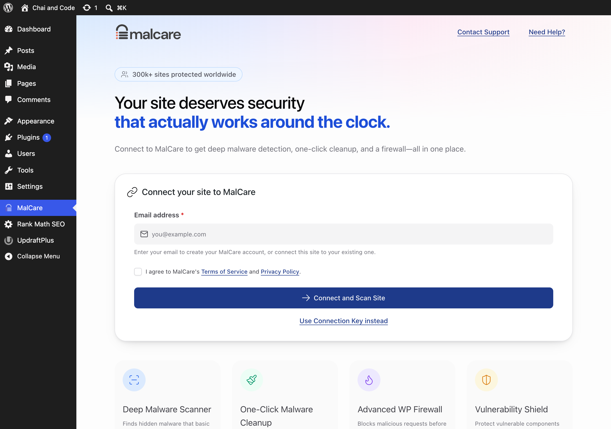 WordPress Malware Removal in 2026, and How AI Changed the Attacks MalCare connect screen inside the WordPress dashboard