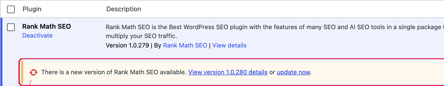 Rank Math SEO plugin update available on the live site, not installed yet