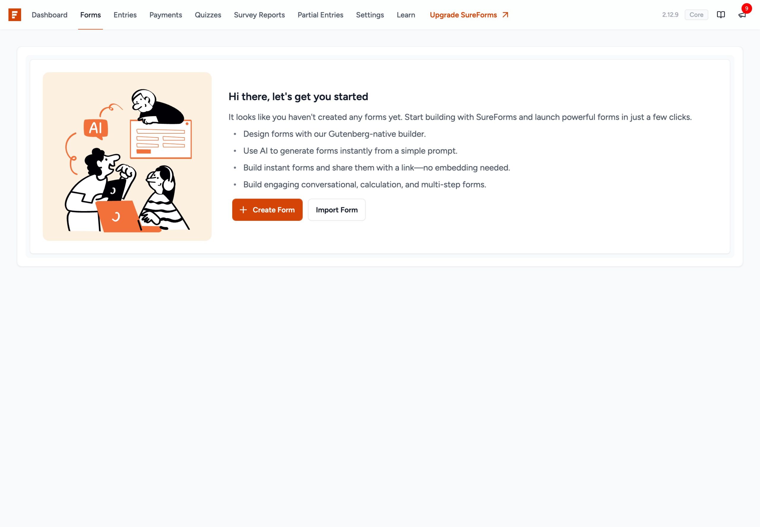 SureForms Black Friday 2026, Last Year's Real Prices and What to Expect SureForms free plugin Forms screen with Entries, Payments, Quizzes and Survey Reports in the menu