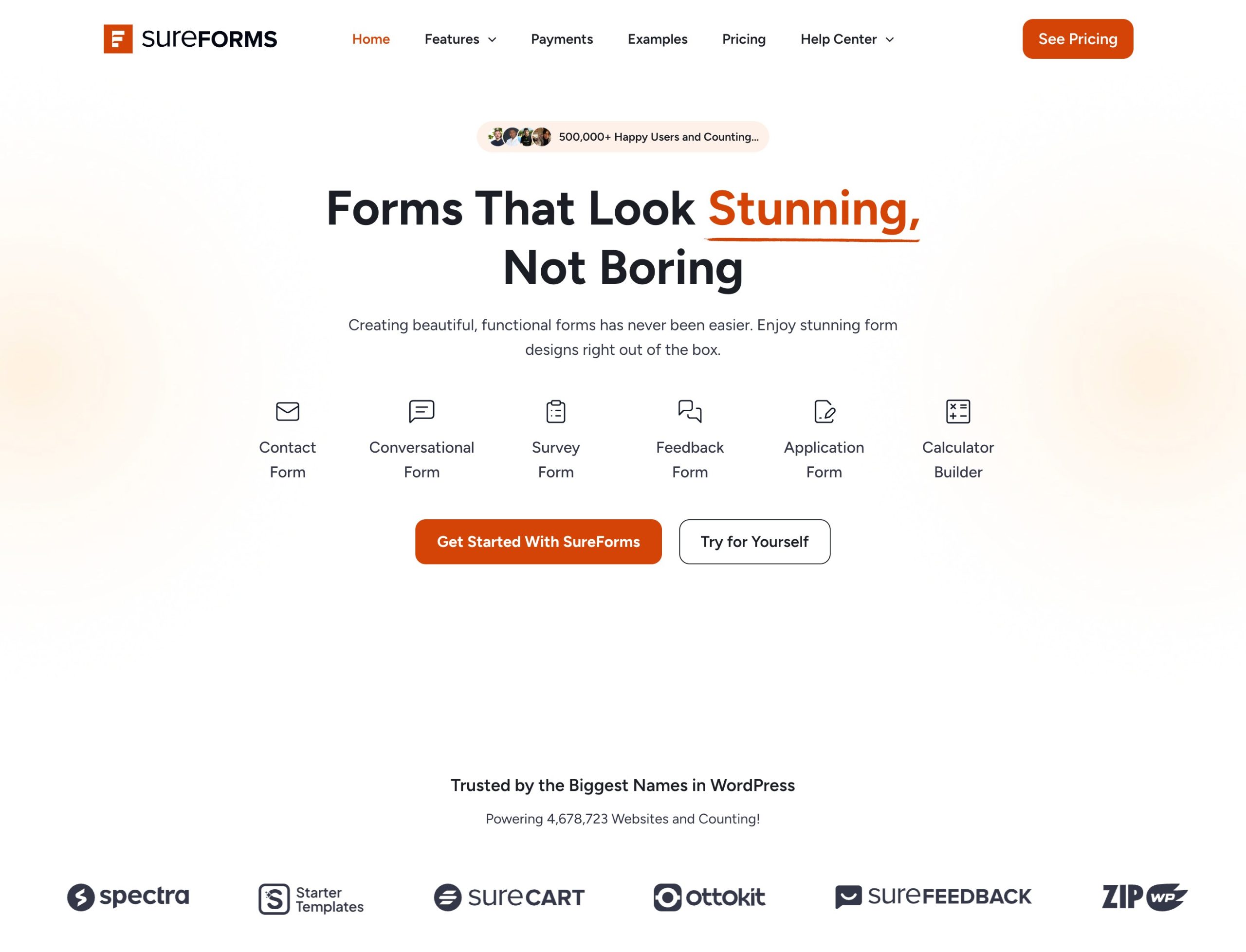 SureForms Black Friday 2026, Last Year's Real Prices and What to Expect SureForms homepage showing the form types it builds, from contact to calculator forms