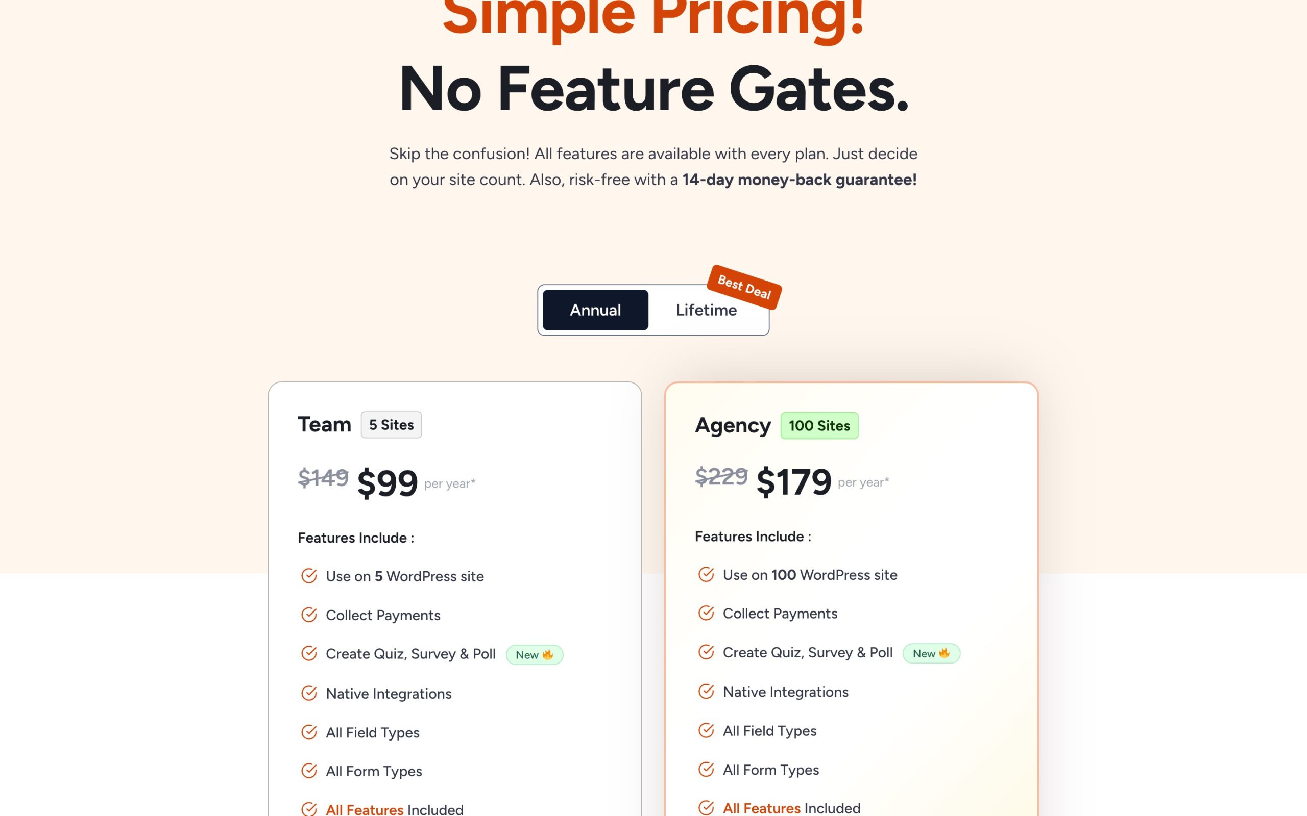 SureForms Black Friday 2026, Last Year's Real Prices and What to Expect SureForms annual pricing with the Team plan for 5 sites and the Agency plan for 100 sites