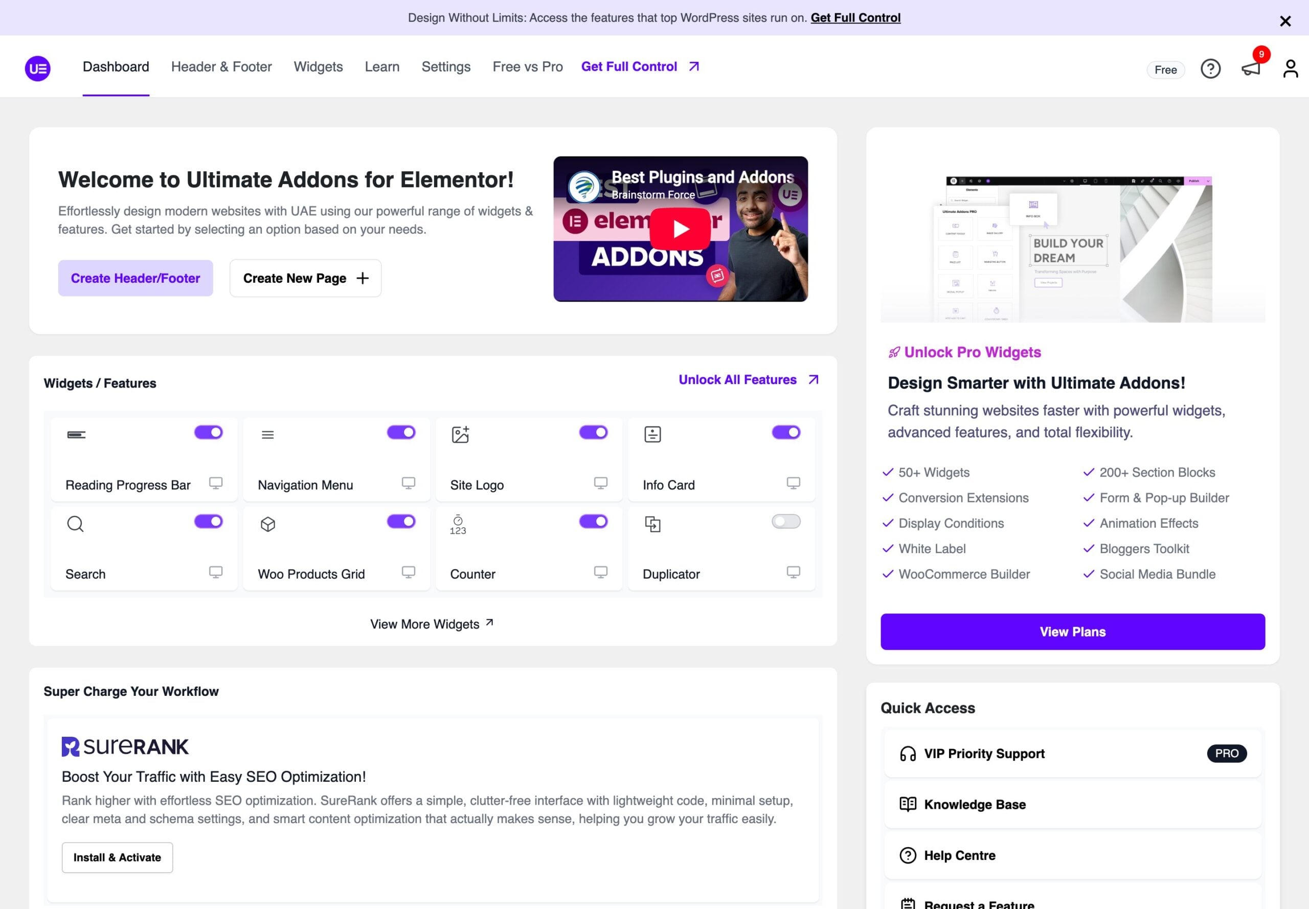 Ultimate Addons for Elementor Black Friday 2026, What to Expect and the Best Price Today Ultimate Addons for Elementor free plugin dashboard with widget toggles and header footer builder