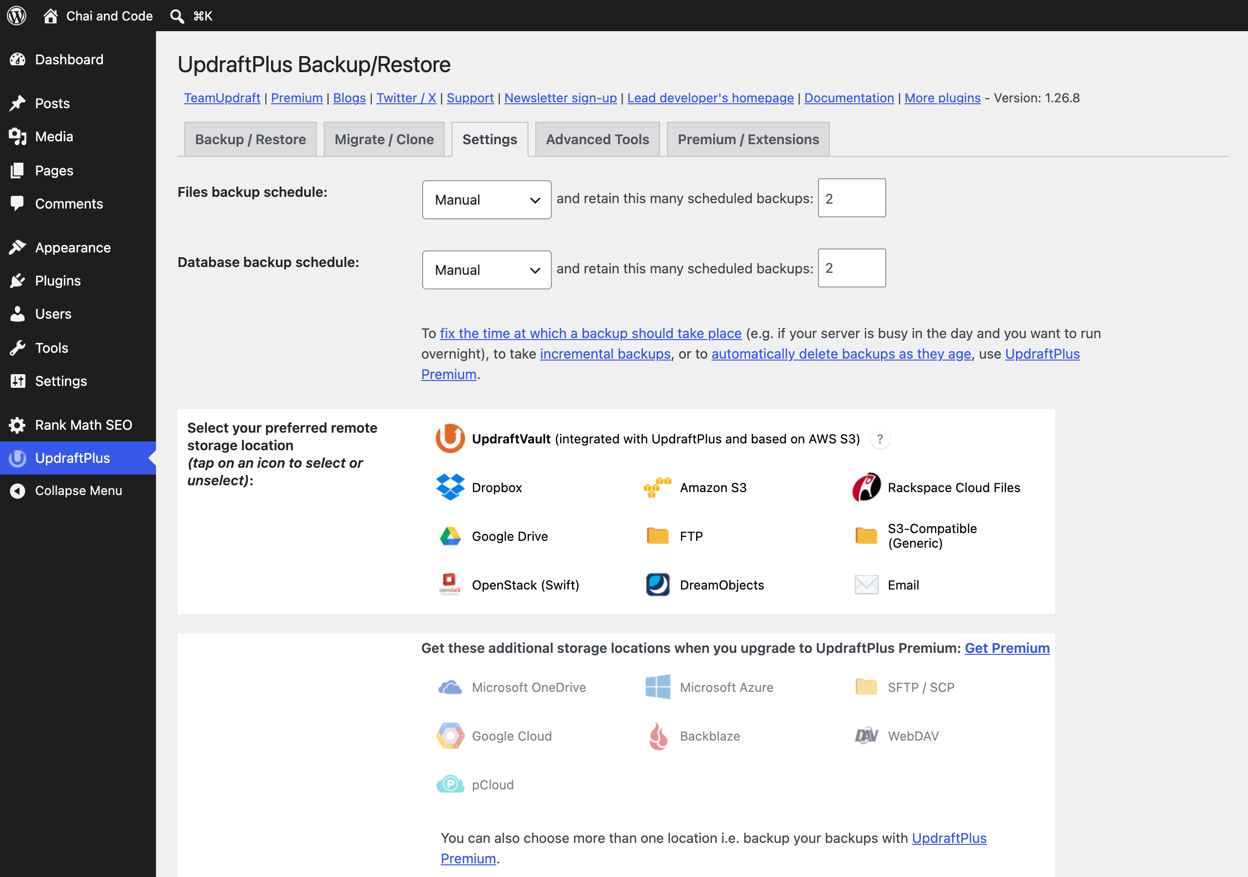 UpdraftPlus backup schedule settings