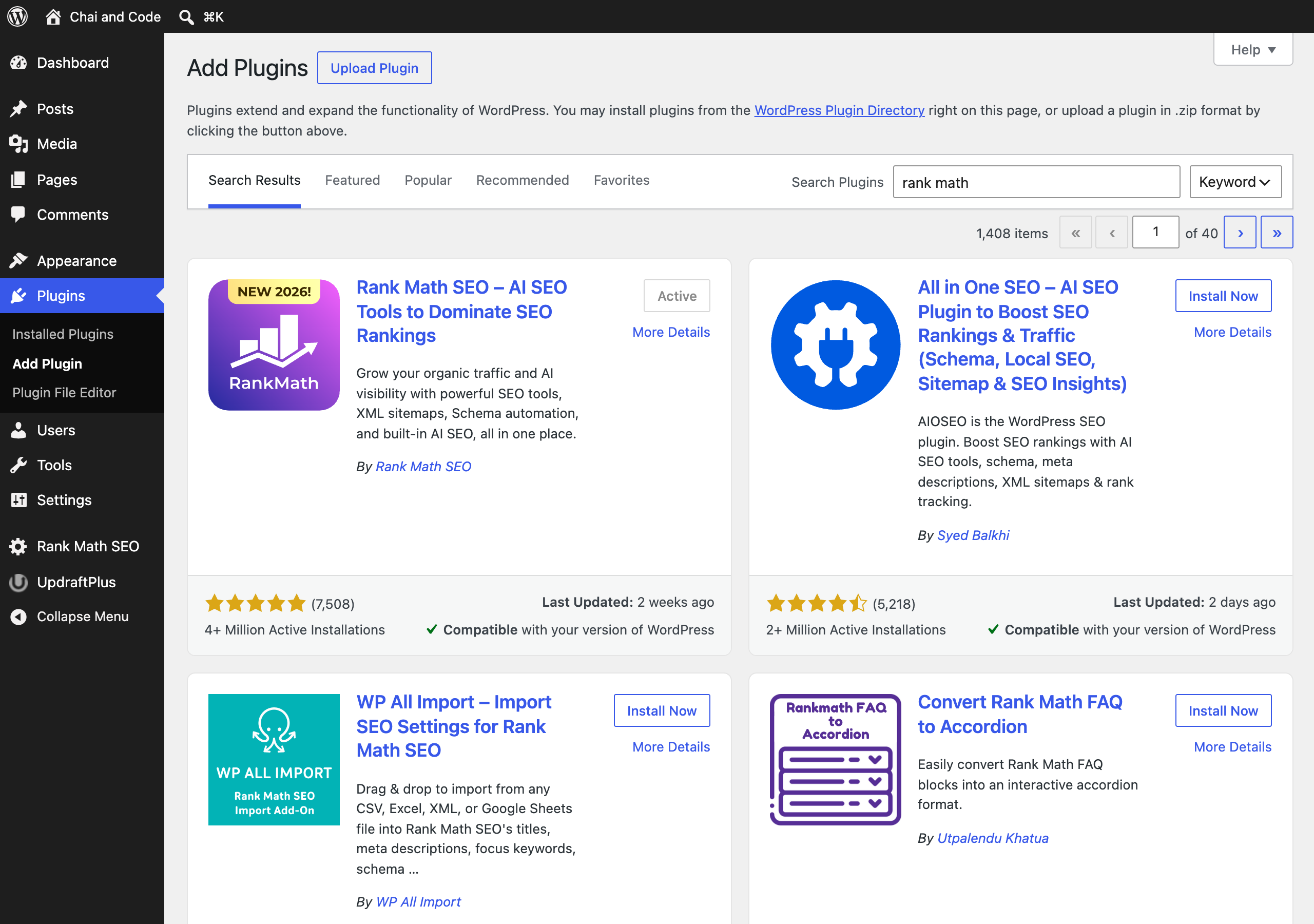 Add Plugins screen searching for Rank Math
