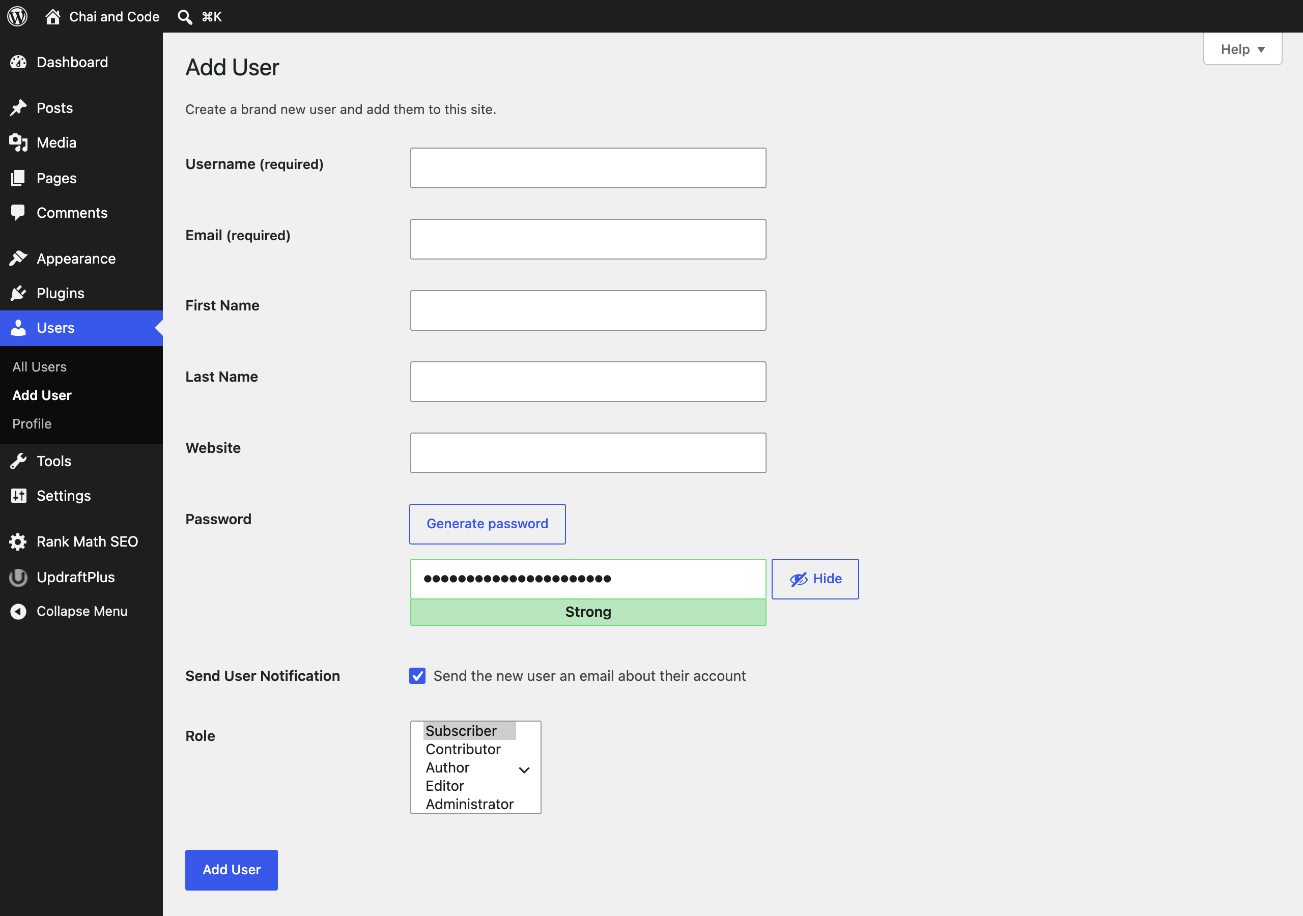 WordPress Add User screen with roles