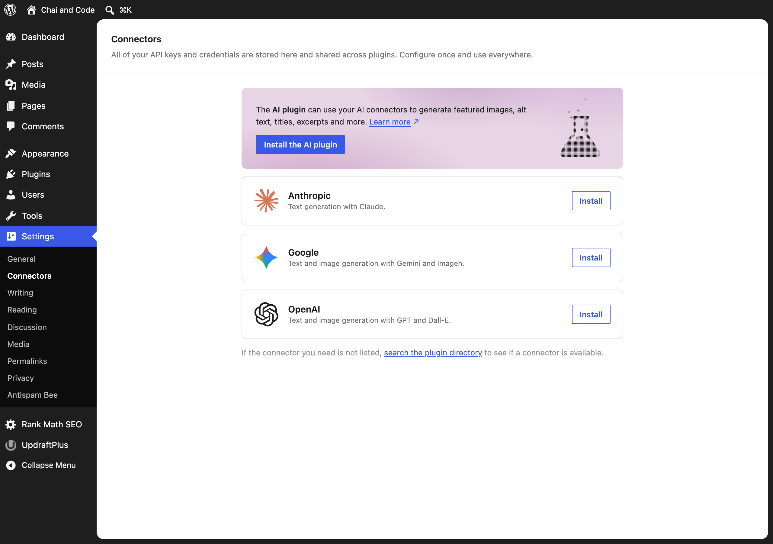 WordPress Connectors screen for AI providers