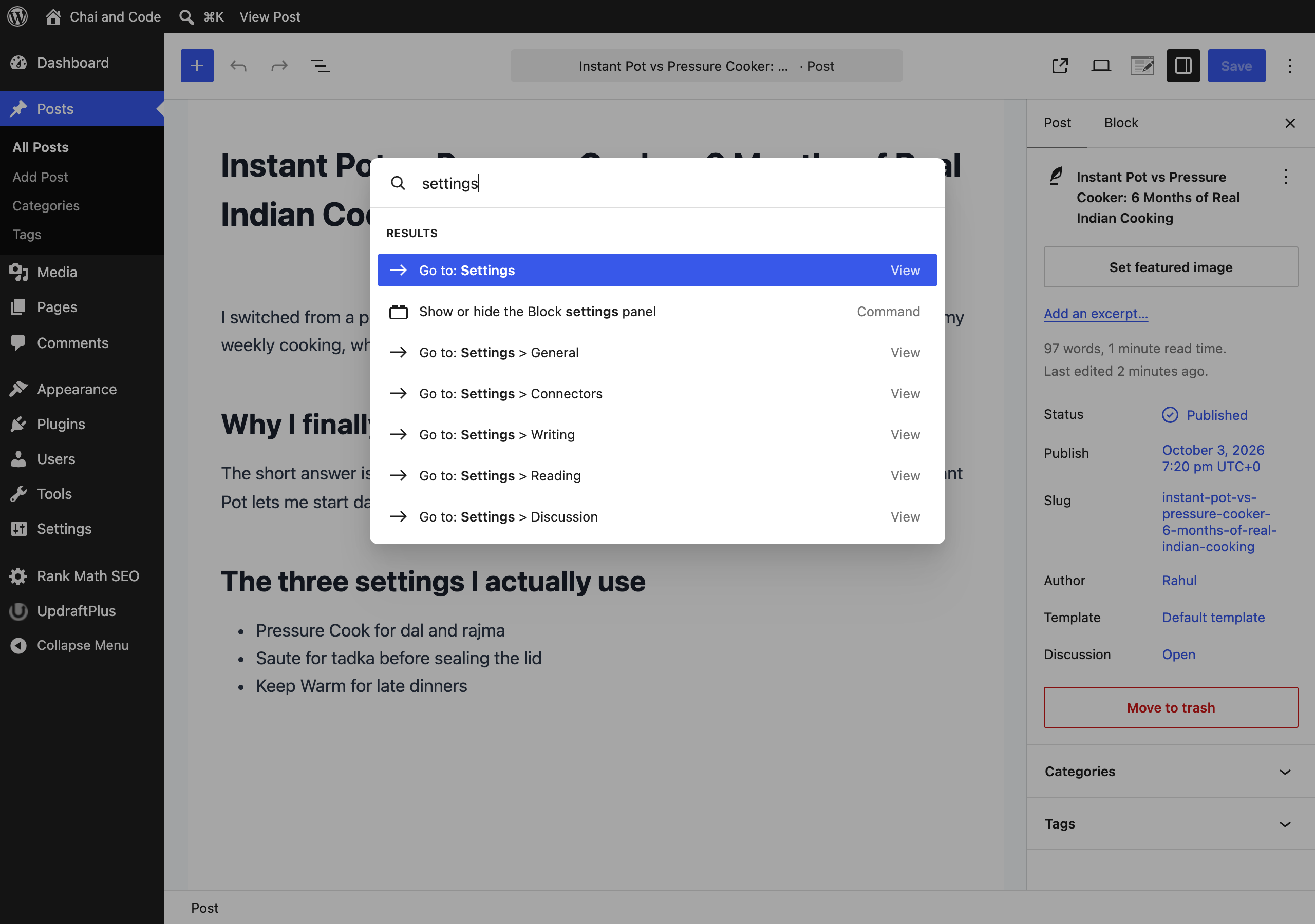 WordPress command palette