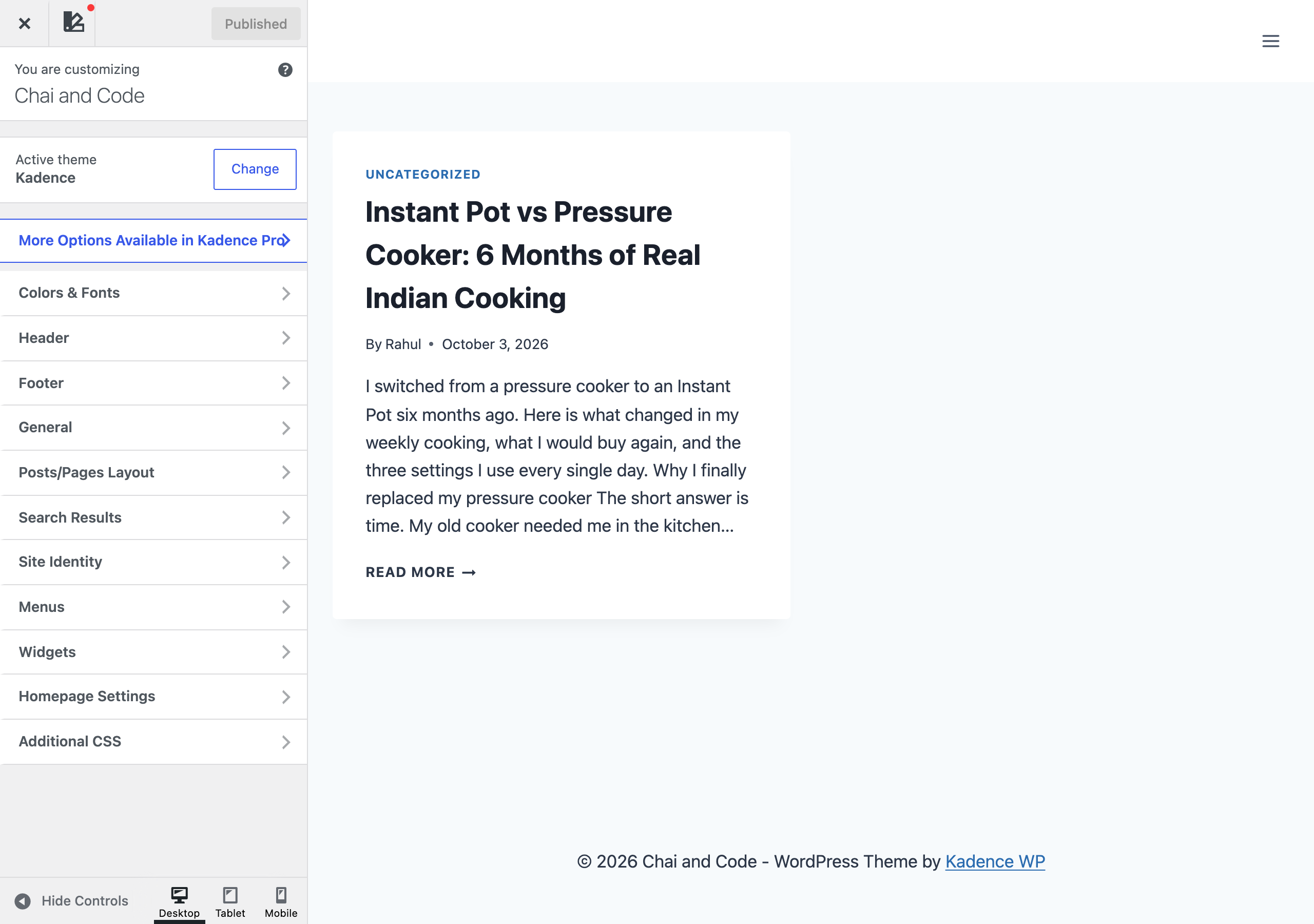 WordPress Customizer for Kadence