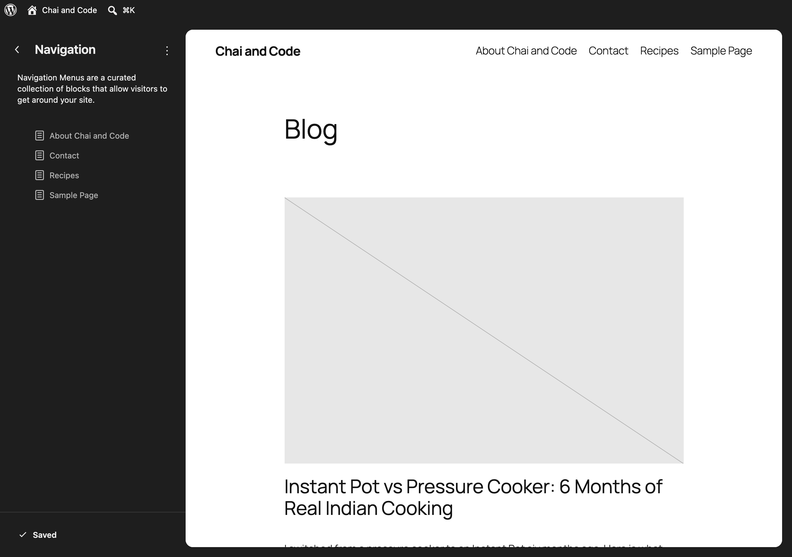 Navigation menu in the Site Editor