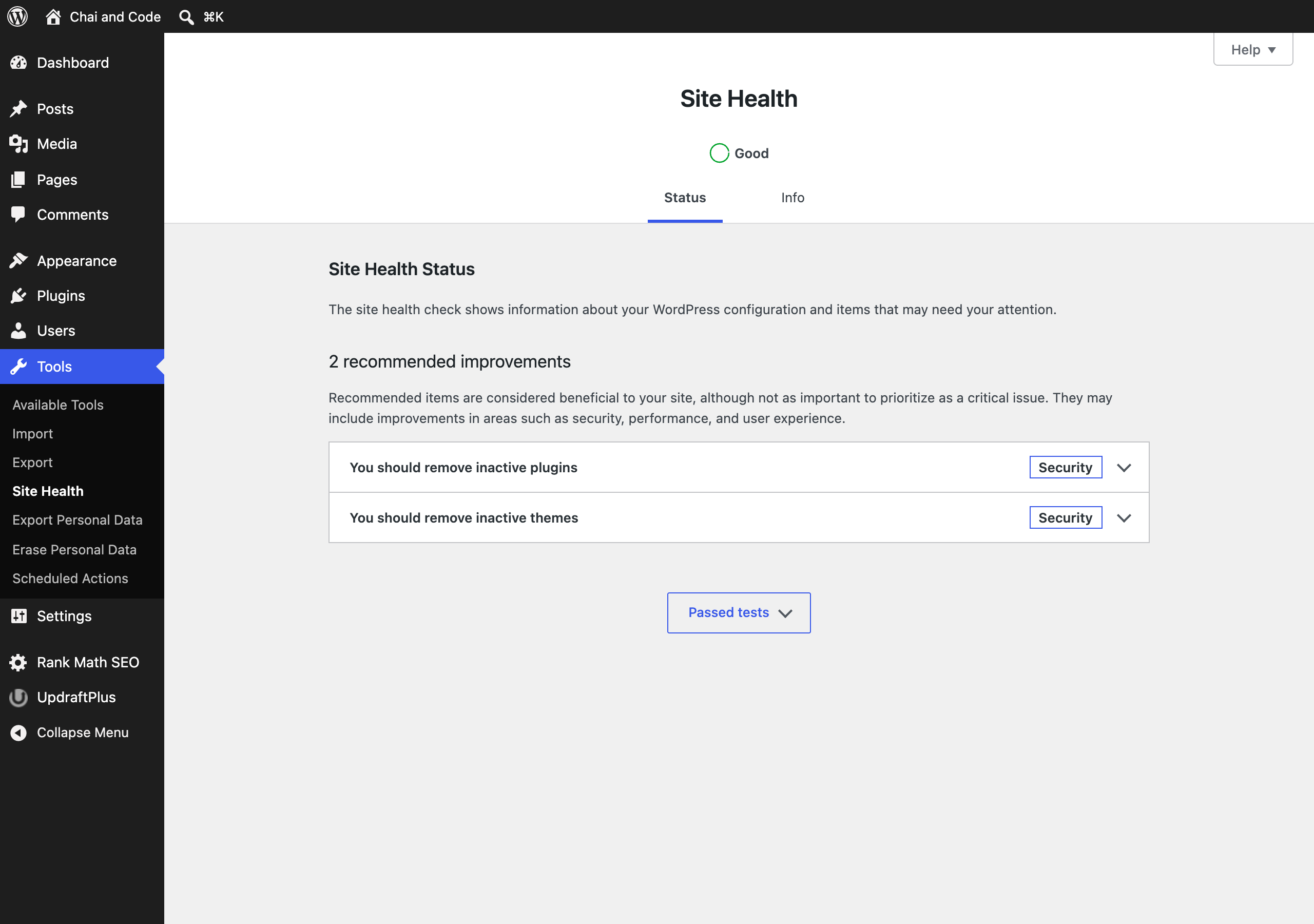 WordPress Site Health screen