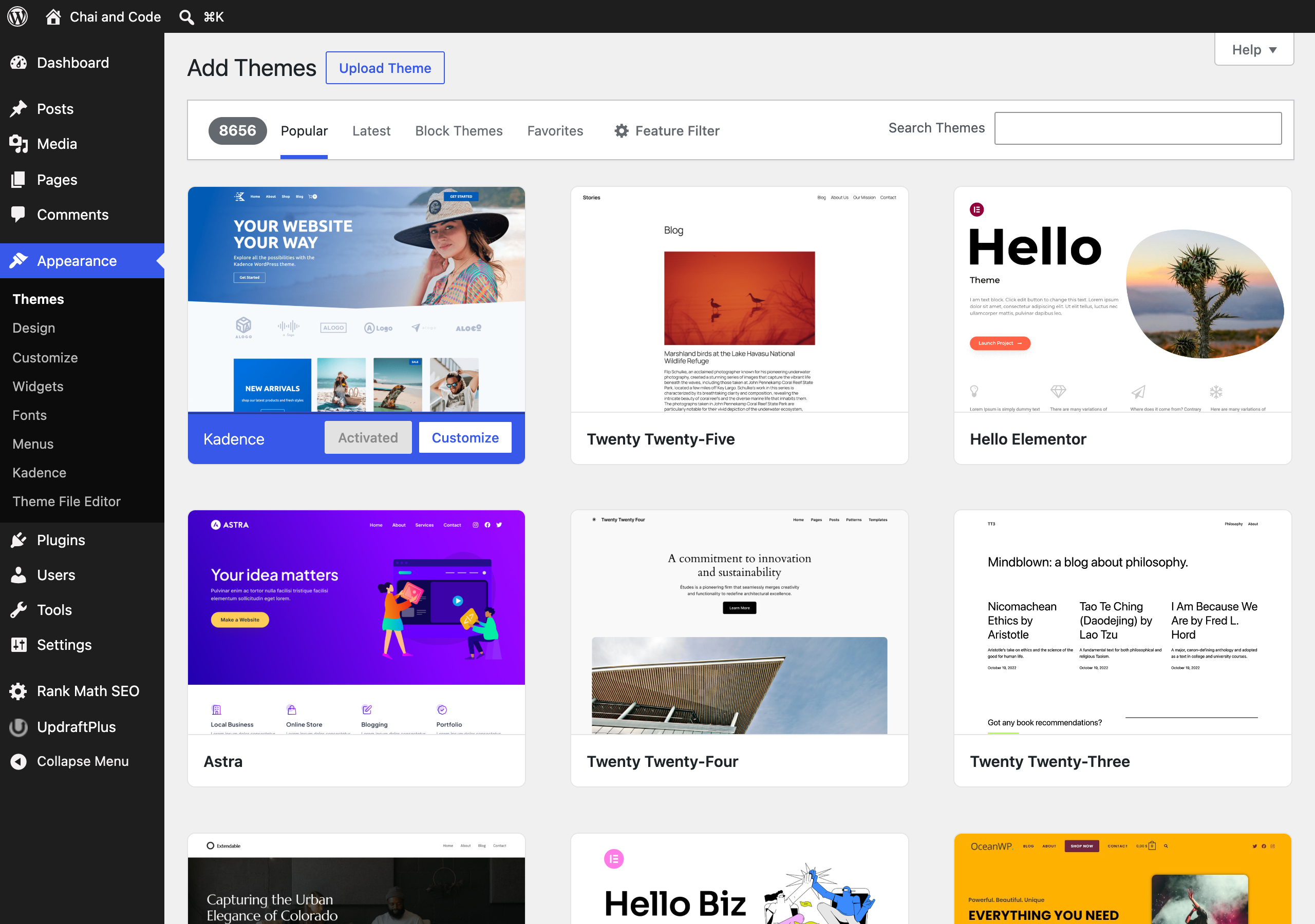 WordPress Add Themes screen