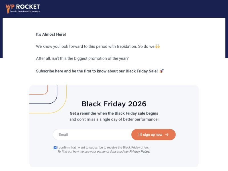 WP Rocket Black Friday 2026 page asking for an email address to get a reminder when the sale begins, with no coupon offered