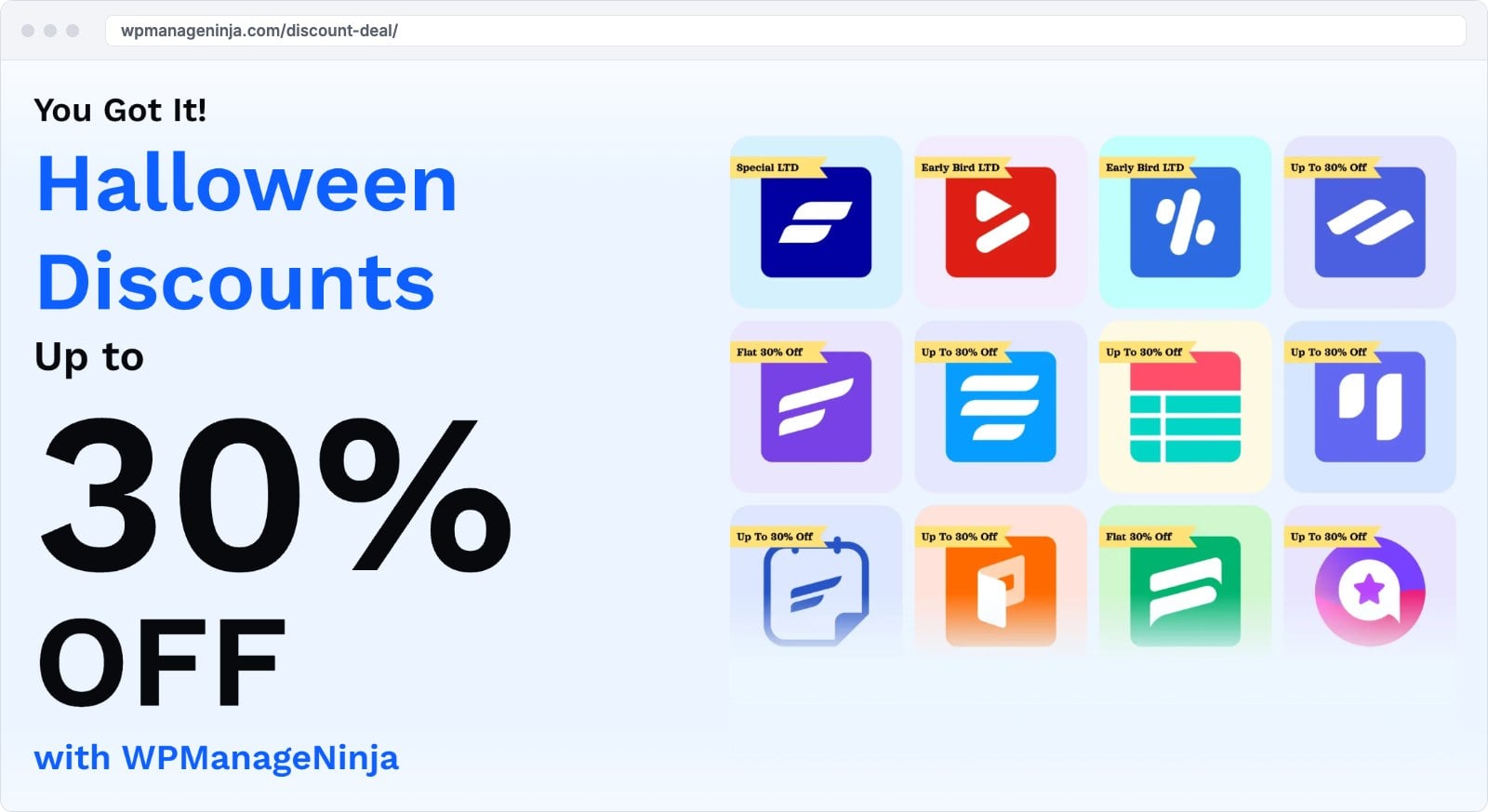 Fluent Black Friday 2026, Every WPManageNinja Plugin Deal and Lifetime Price WPManageNinja Halloween sale page showing up to 30% off and a discount badge on each Fluent plugin