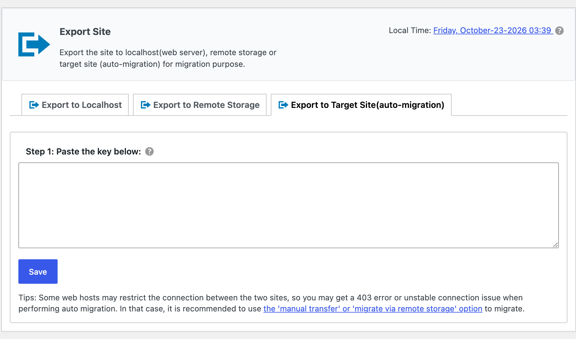 WPvivid auto migration export to a target site using a site key