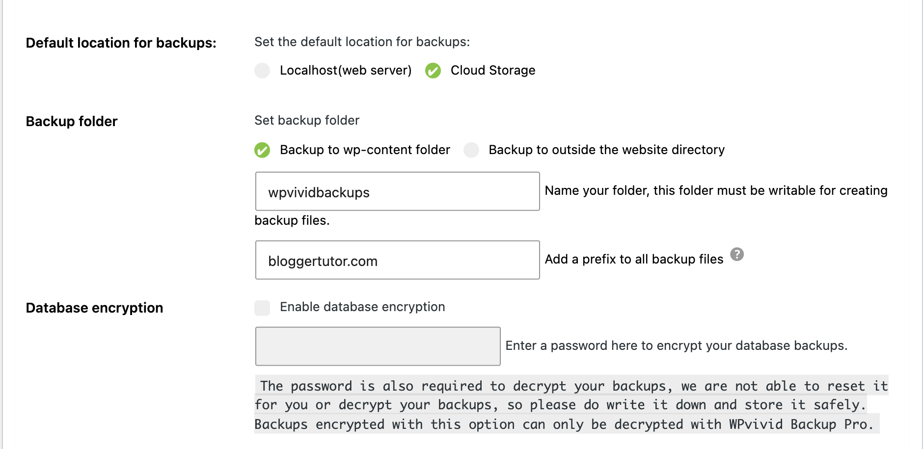 WPvivid backup folder setting with the option to store backups outside the website directory