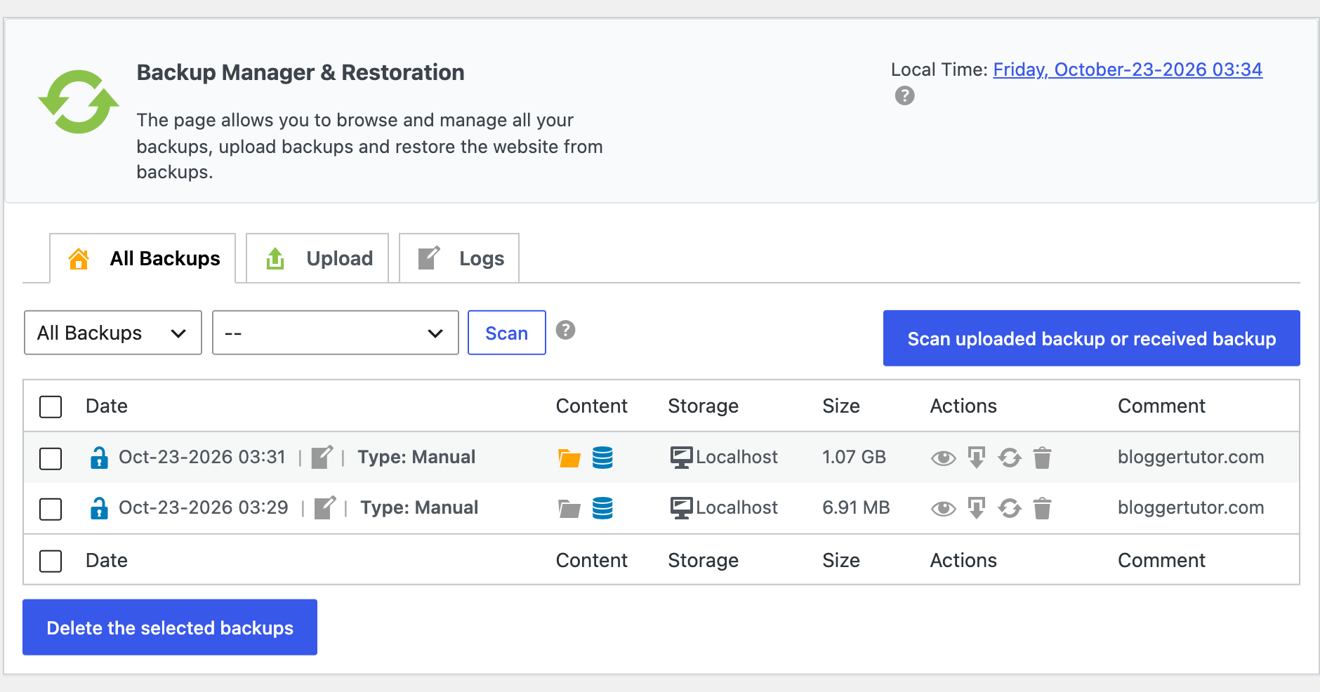 WPvivid Backup Manager listing a full 1.07 GB backup and a database backup ready to restore