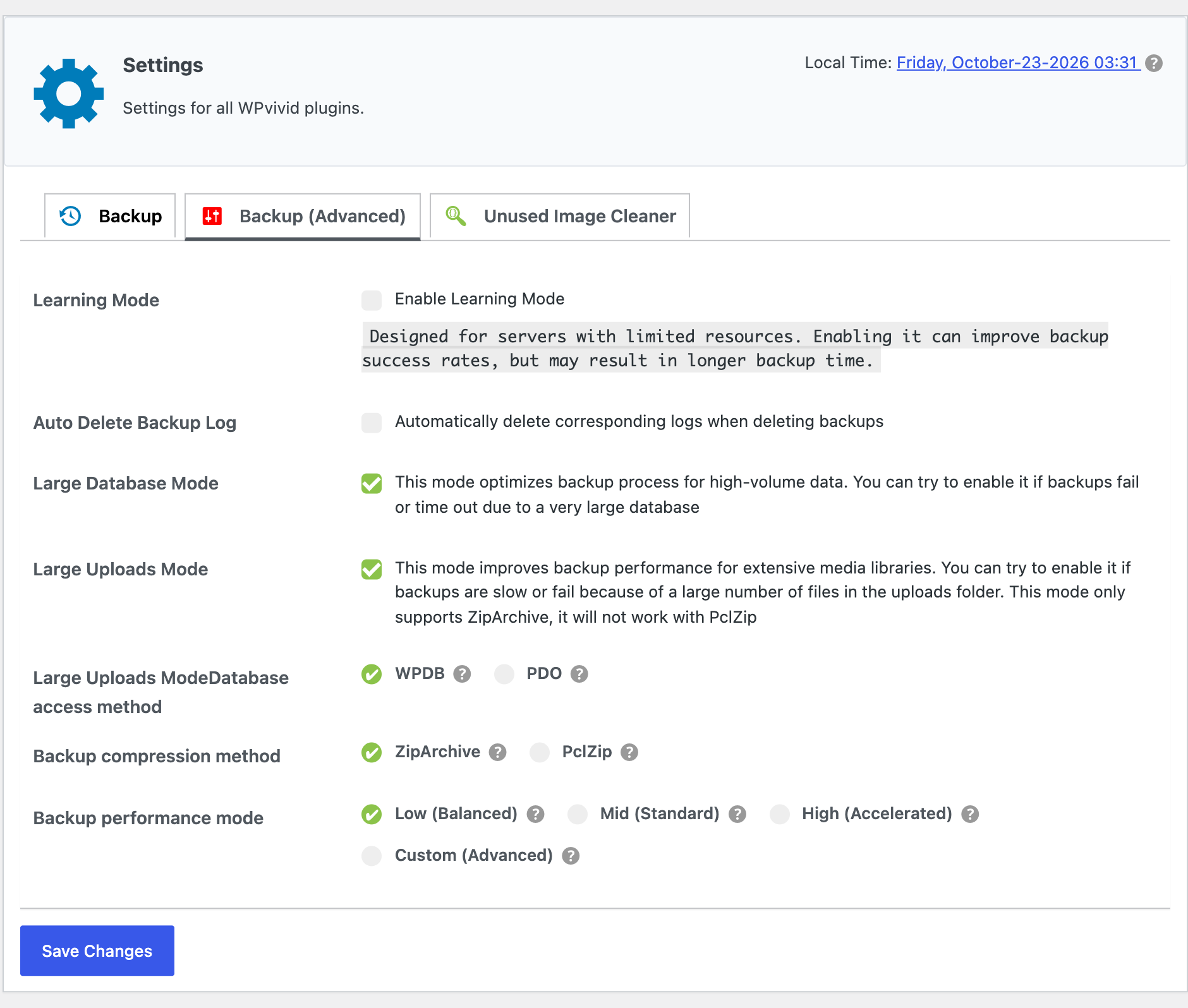 WPvivid Review 2026, Is This Backup Plugin Worth It? WPvivid advanced backup settings with Learning Mode, Large Database Mode, Large Uploads Mode and four performance modes