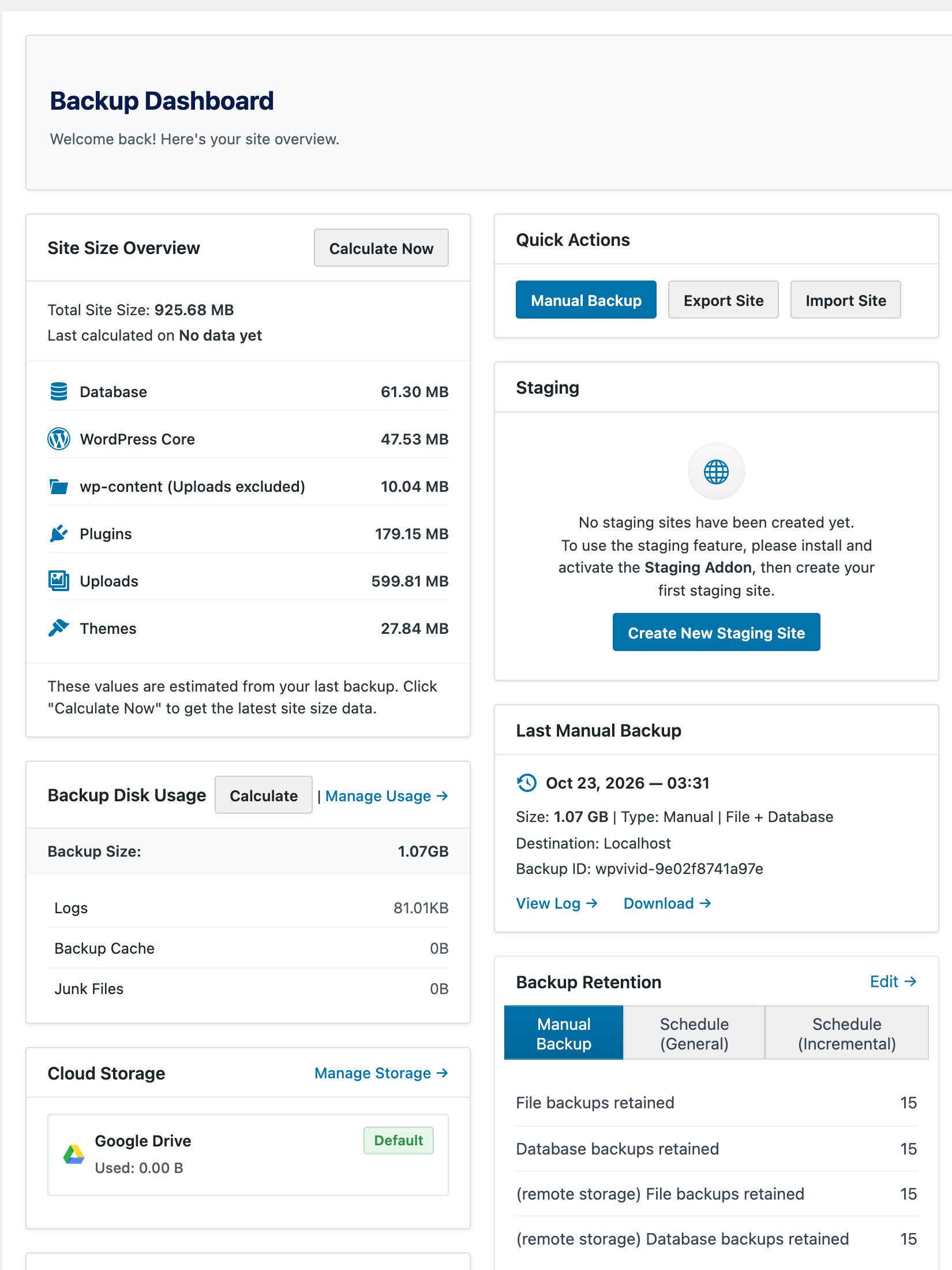 Best WordPress Backup Plugins 2026, 5 I Trust After the UpdraftPlus Breach WPvivid Backup Pro dashboard with site size, quick actions, staging and the latest 1.07 GB backup