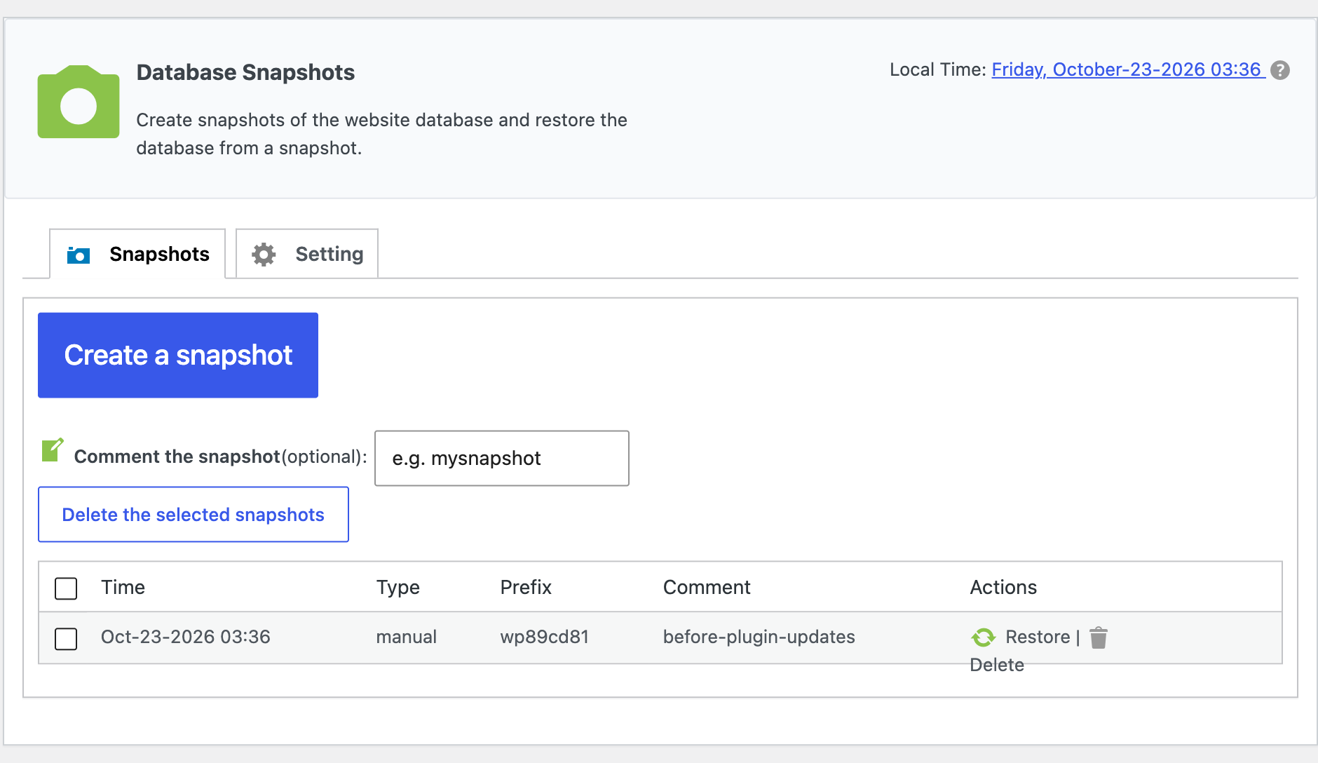 WPvivid Review 2026, Is This Backup Plugin Worth It? WPvivid Database Snapshots page with a snapshot taken before plugin updates