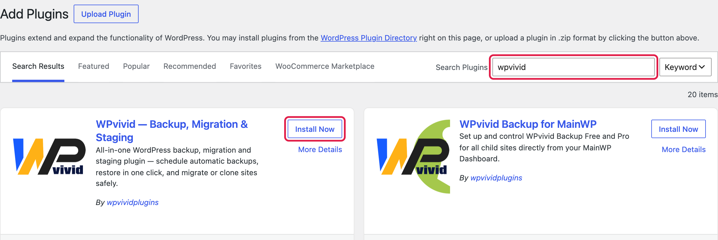 Searching for WPvivid in Plugins, Add Plugins and clicking Install Now on the free plugin