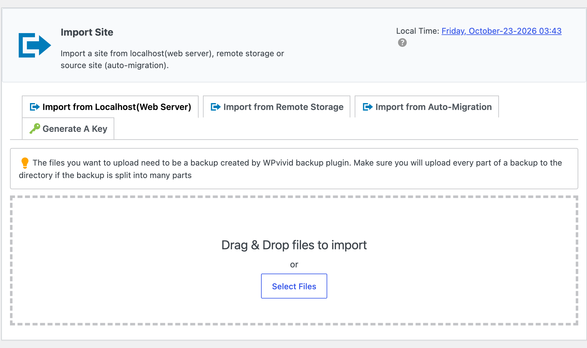 WPvivid Review 2026, Is This Backup Plugin Worth It? WPvivid Import Site screen with drag and drop backup upload
