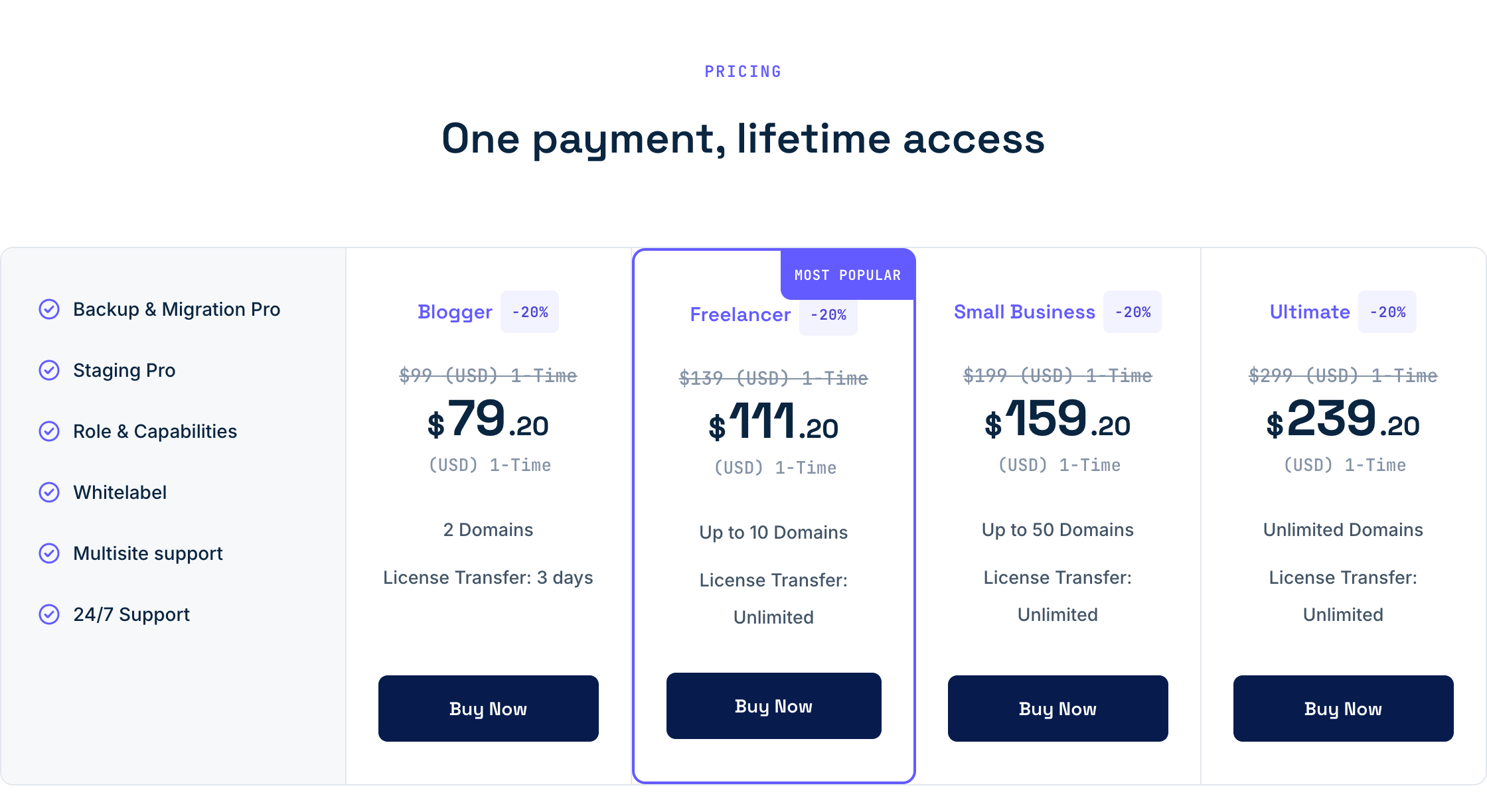 WPvivid Backup Pro lifetime pricing, one payment for all four plans
