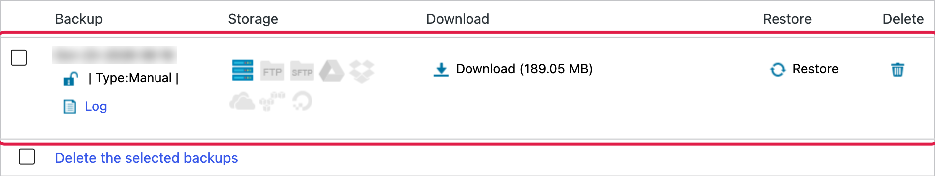 Finished WPvivid manual backup of 189 MB listed with Download and Restore options