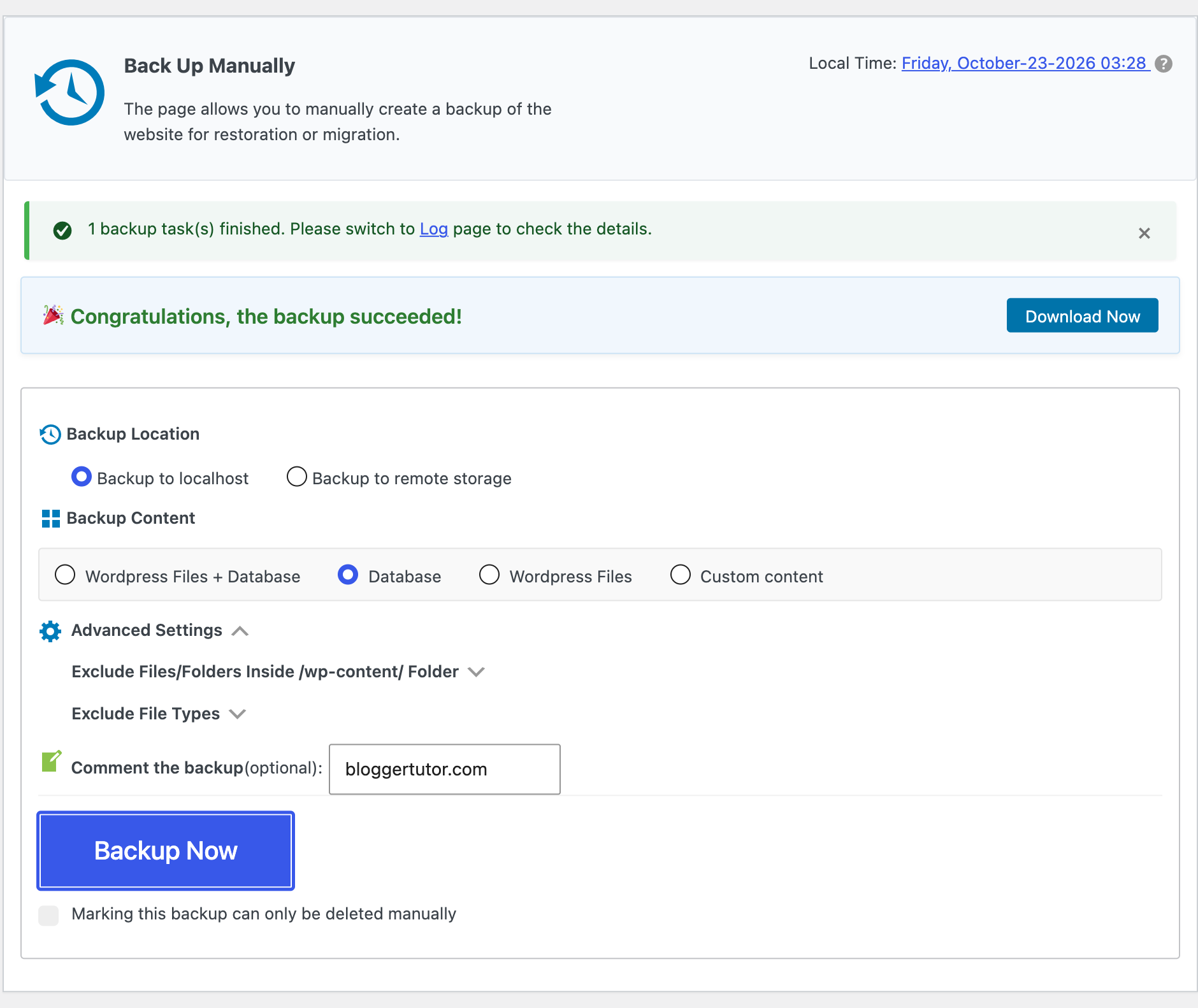 WPvivid manual backup completed successfully on a live WordPress site
