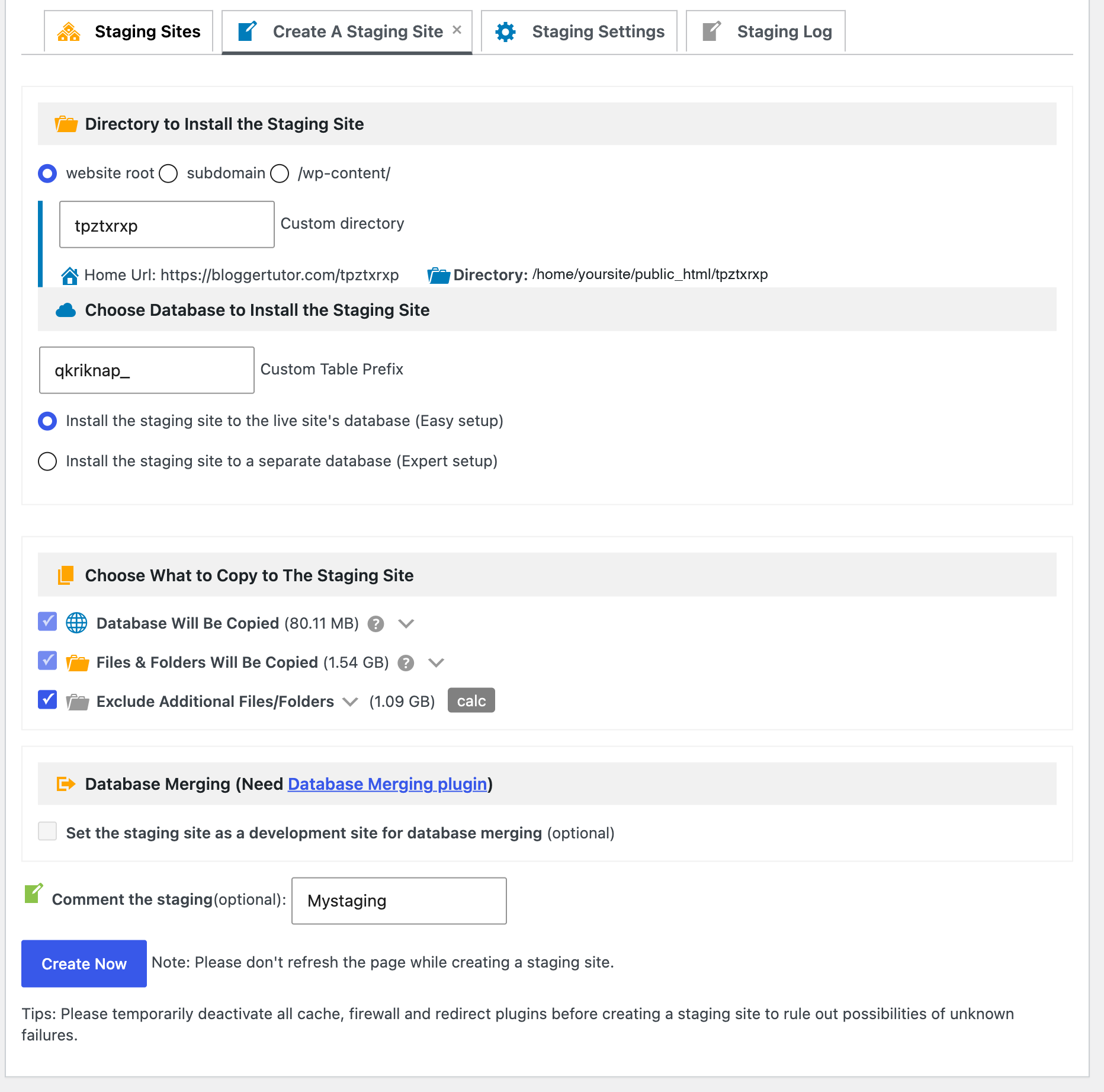 WPvivid Pro staging options with subdomain install, exclude files and folders, and database merging