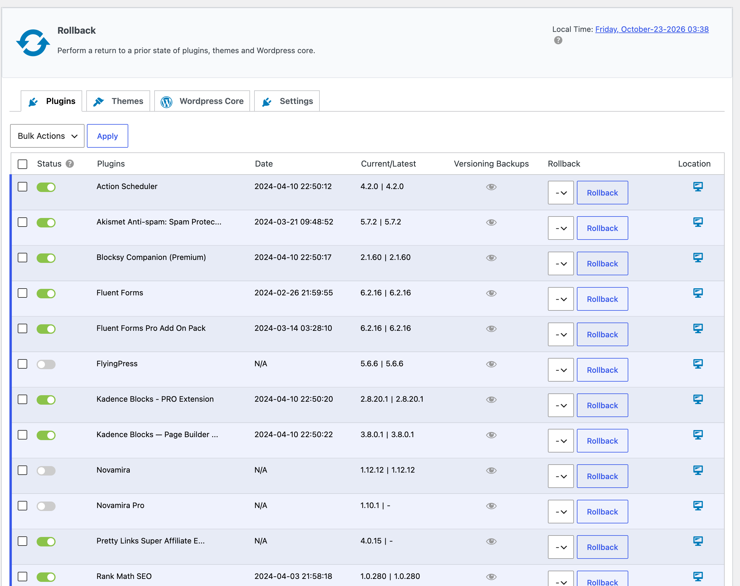 WPvivid Rollback page listing plugins with versioned backups for one click rollback