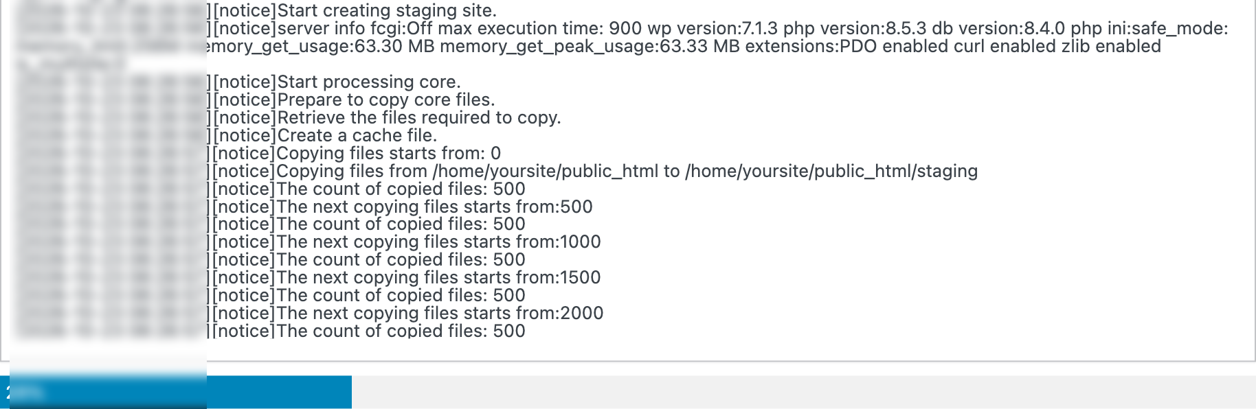 WPvivid staging creation log copying core files with the progress bar