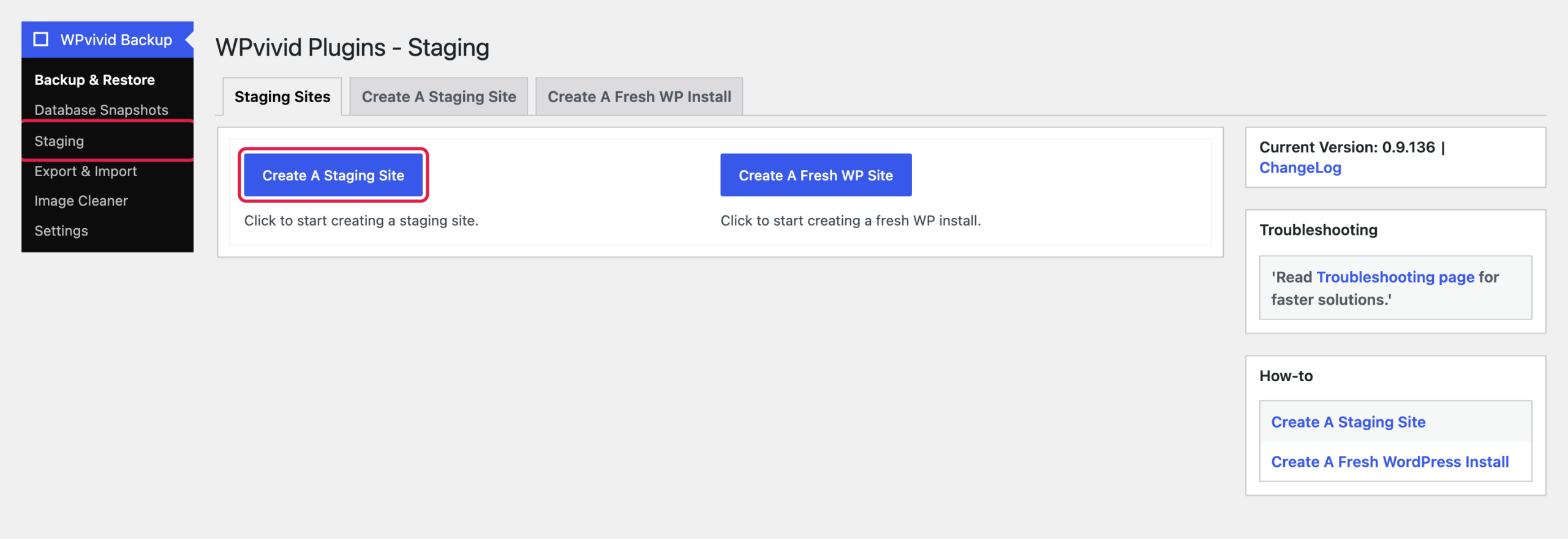WPvivid Backup menu with Staging, and the Create A Staging Site button on the staging screen