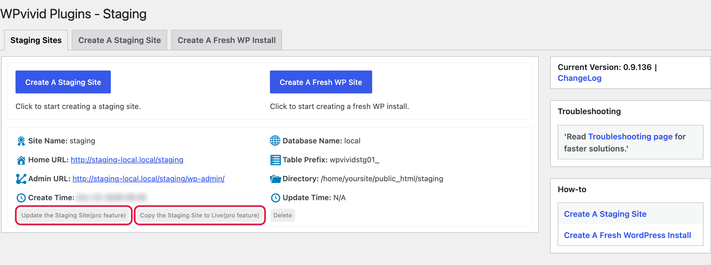 Finished WPvivid staging site with home URL, admin URL and the Pro only update and copy to live buttons