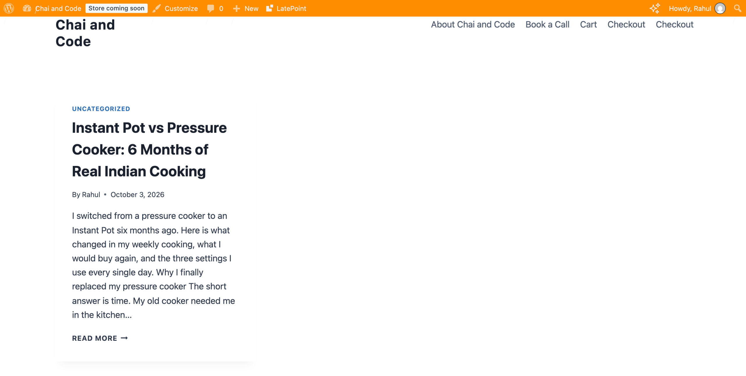 Front end of the WordPress staging copy in a subdirectory with the orange staging admin bar