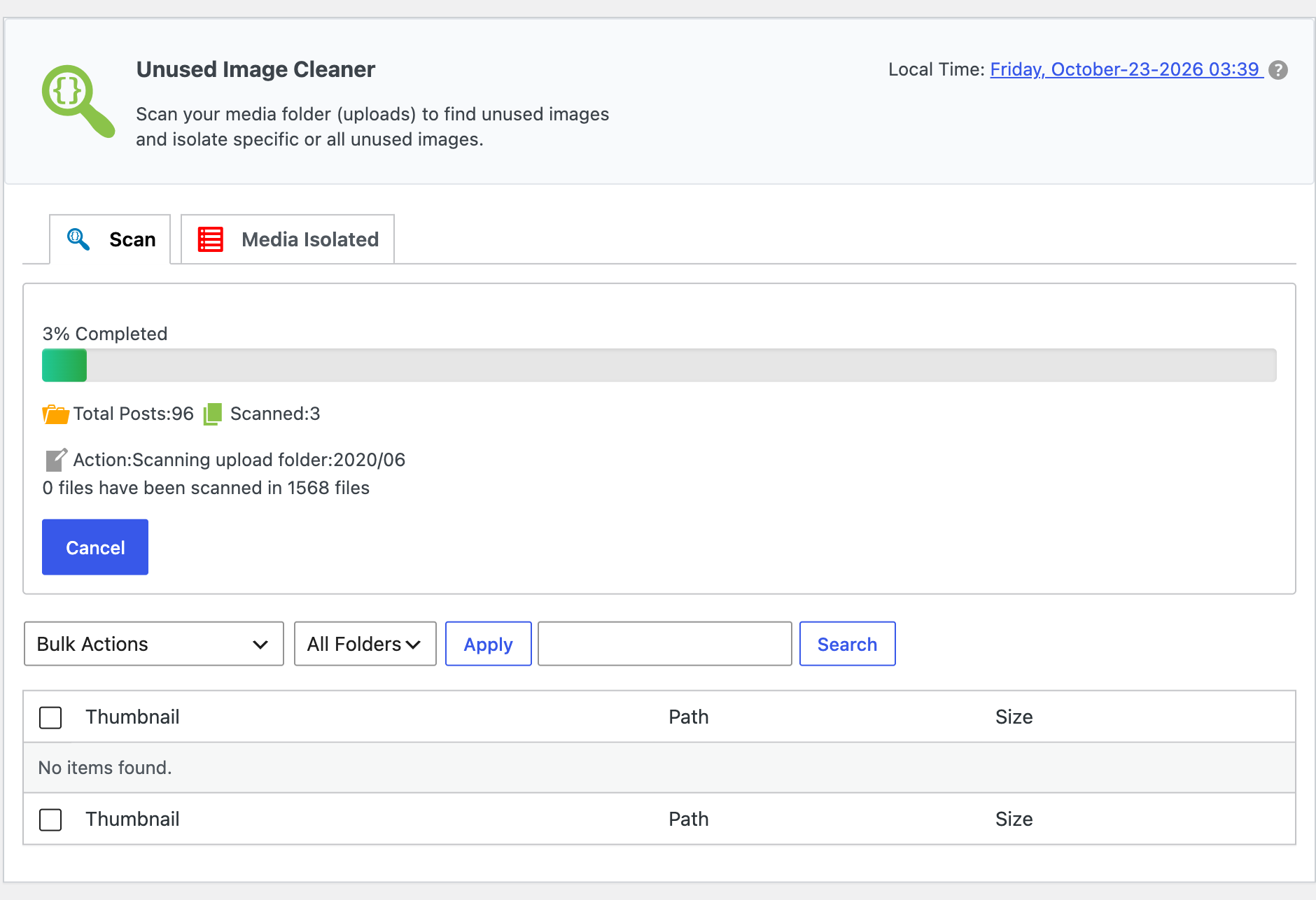 WPvivid Review 2026, Is This Backup Plugin Worth It? WPvivid Unused Image Cleaner scanning the uploads folder for unused images