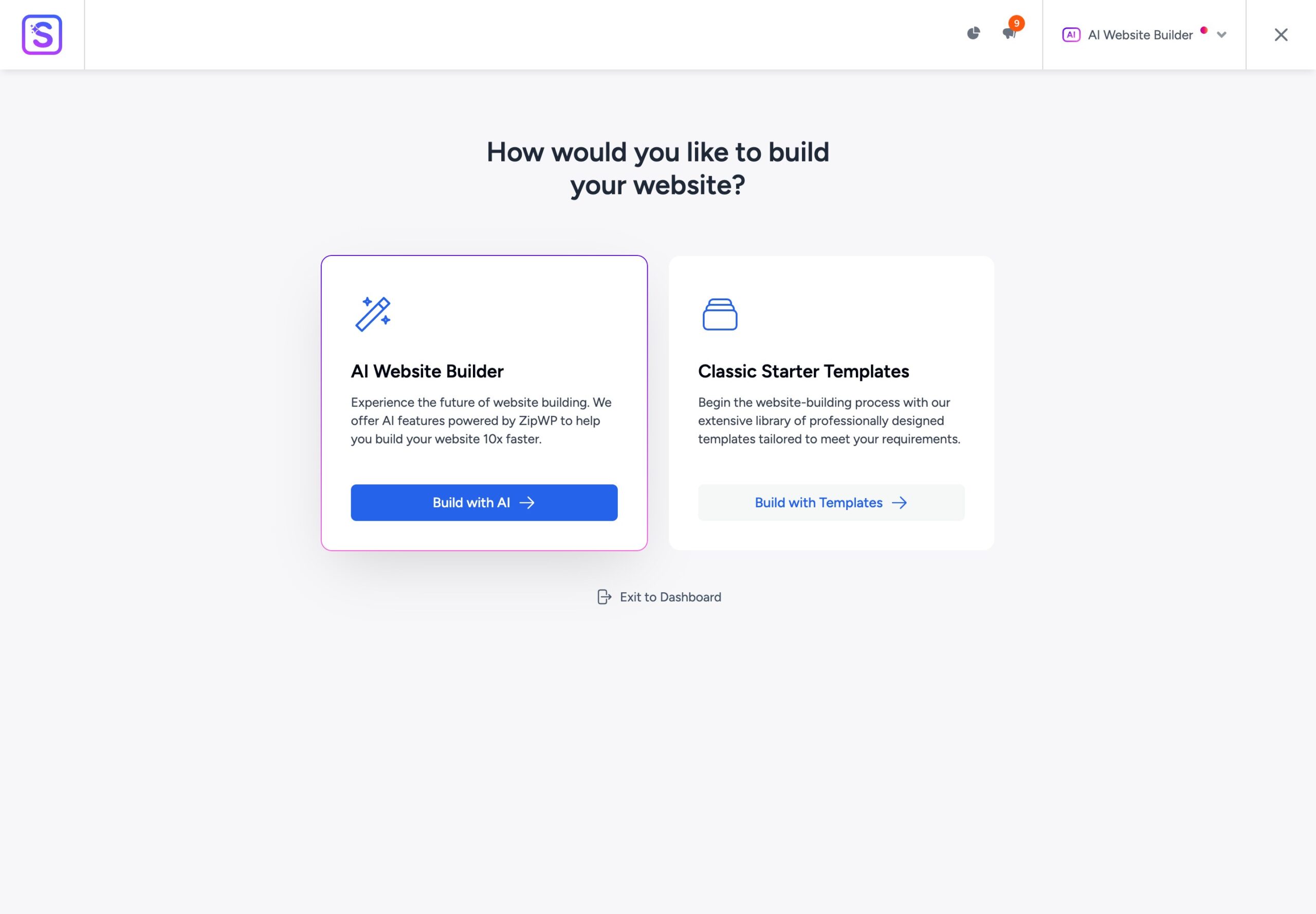 Starter Templates asking how to build the site, with the AI Website Builder powered by ZipWP