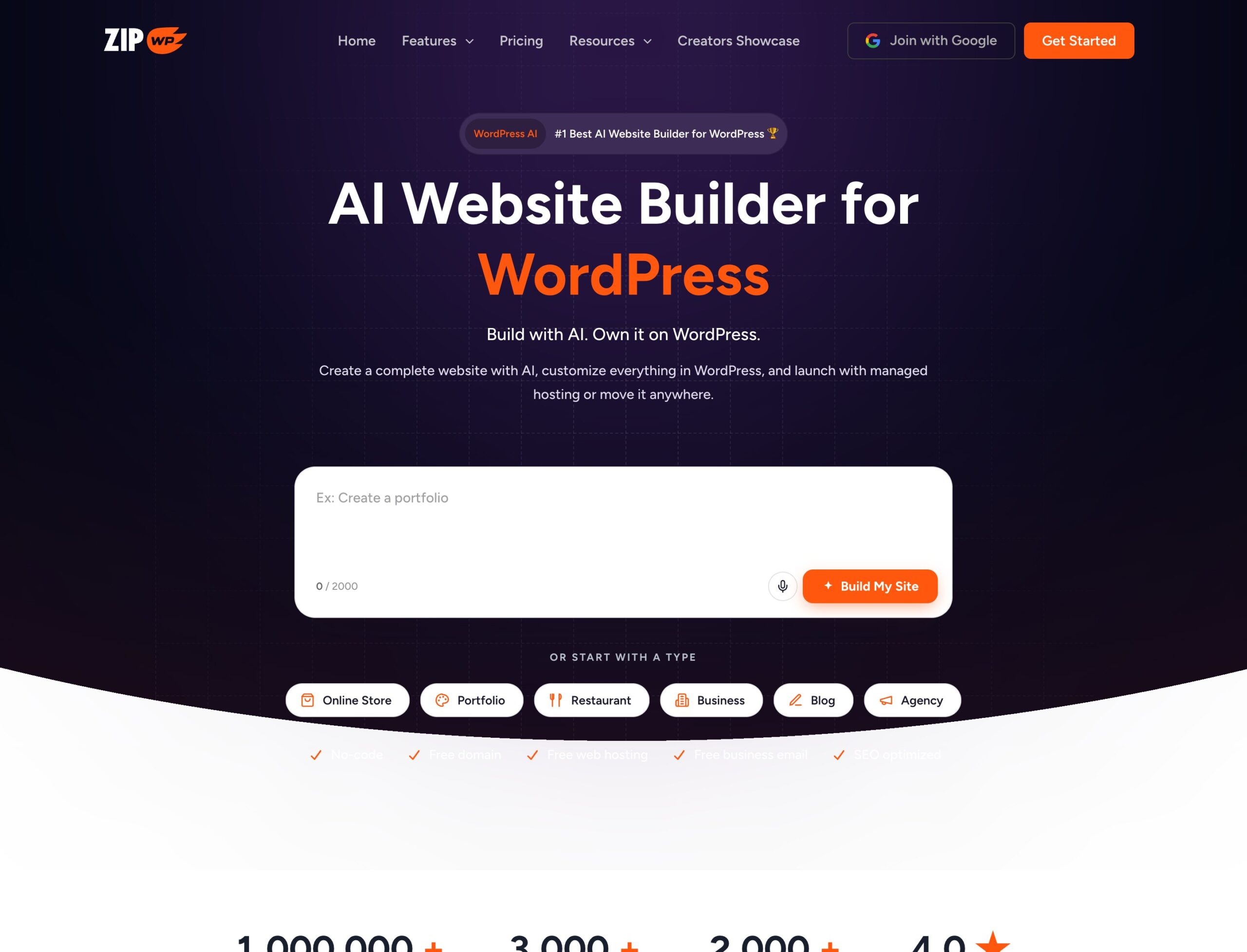 ZipWP homepage, the AI website builder for WordPress