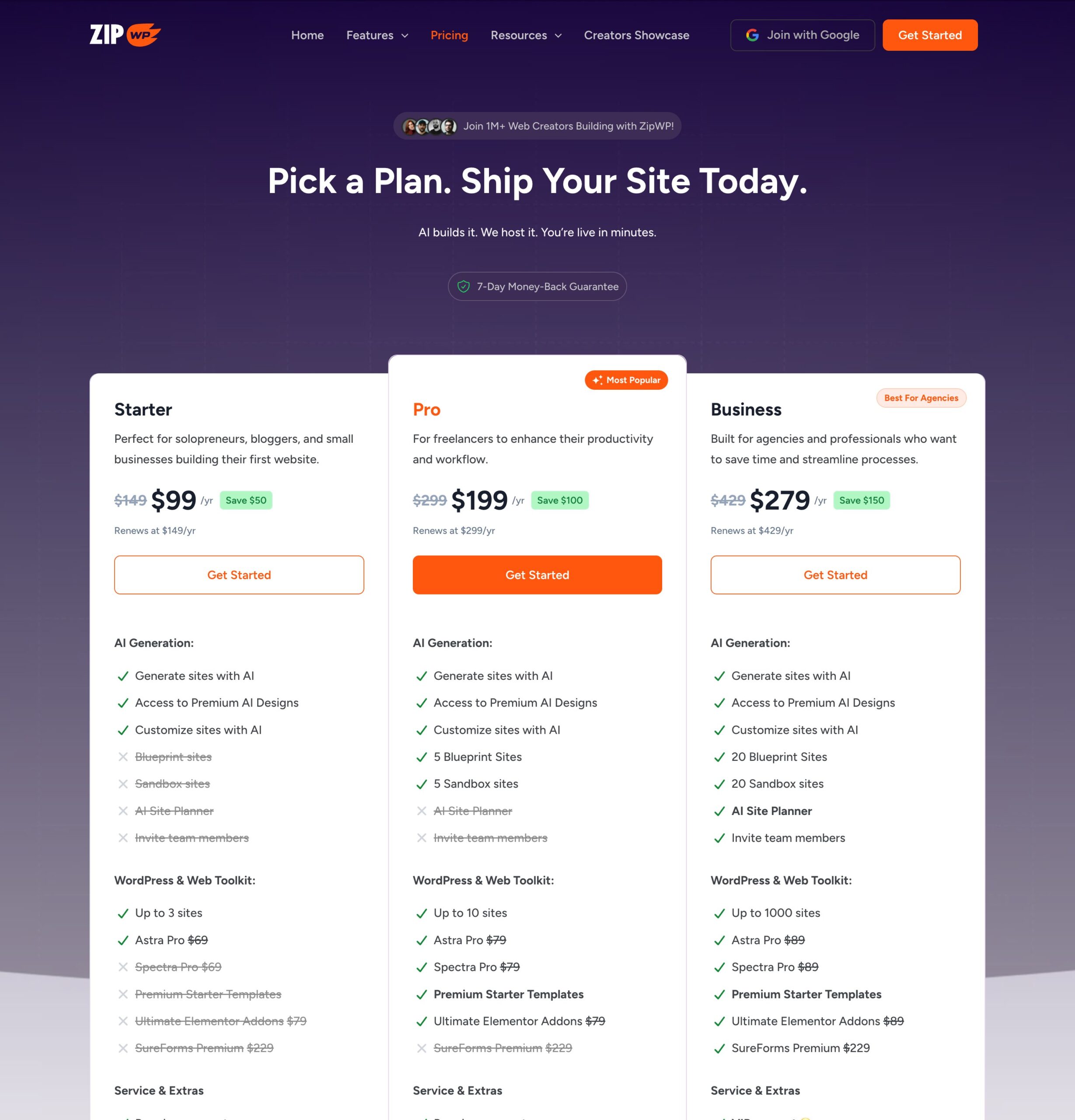 ZipWP pricing plans, Starter, Pro and Business